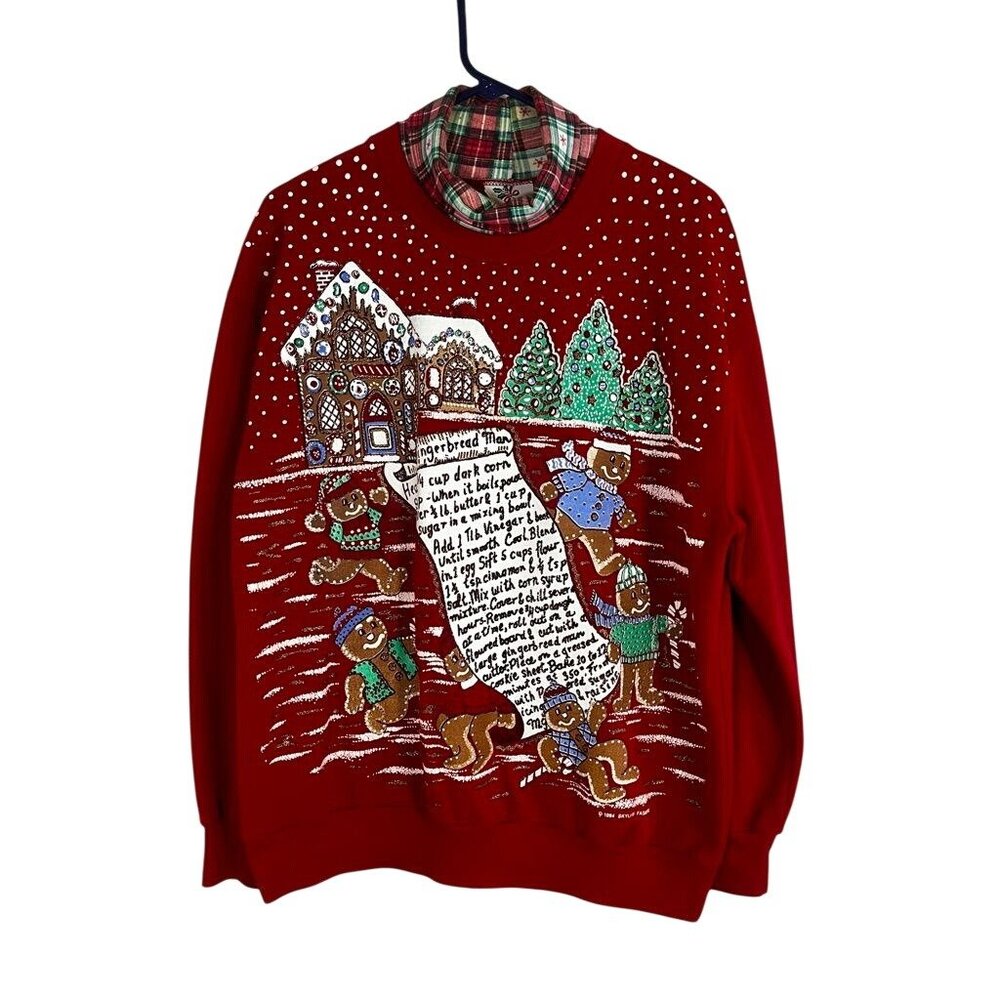 Vintage Christmas Gingerbread Sweatshirt Red XL 90s Granny Holiday Festive Plaid